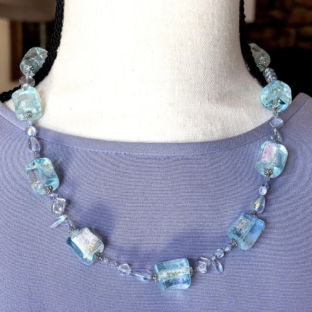 Vintage MURANO Style Icy Aqua Dichroic Handmade Art Glass Bead Necklace